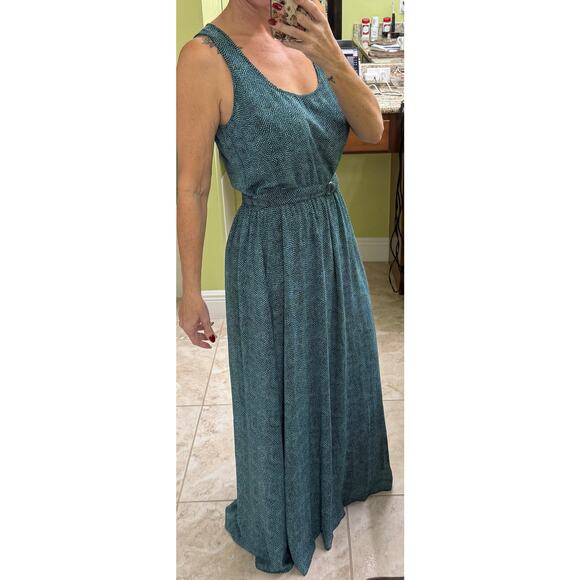 MICHAEL KORS Teal & Black Animal Print Sleeveless Pleated Maxi Dress Tie Waist M - Picture 1 of 7